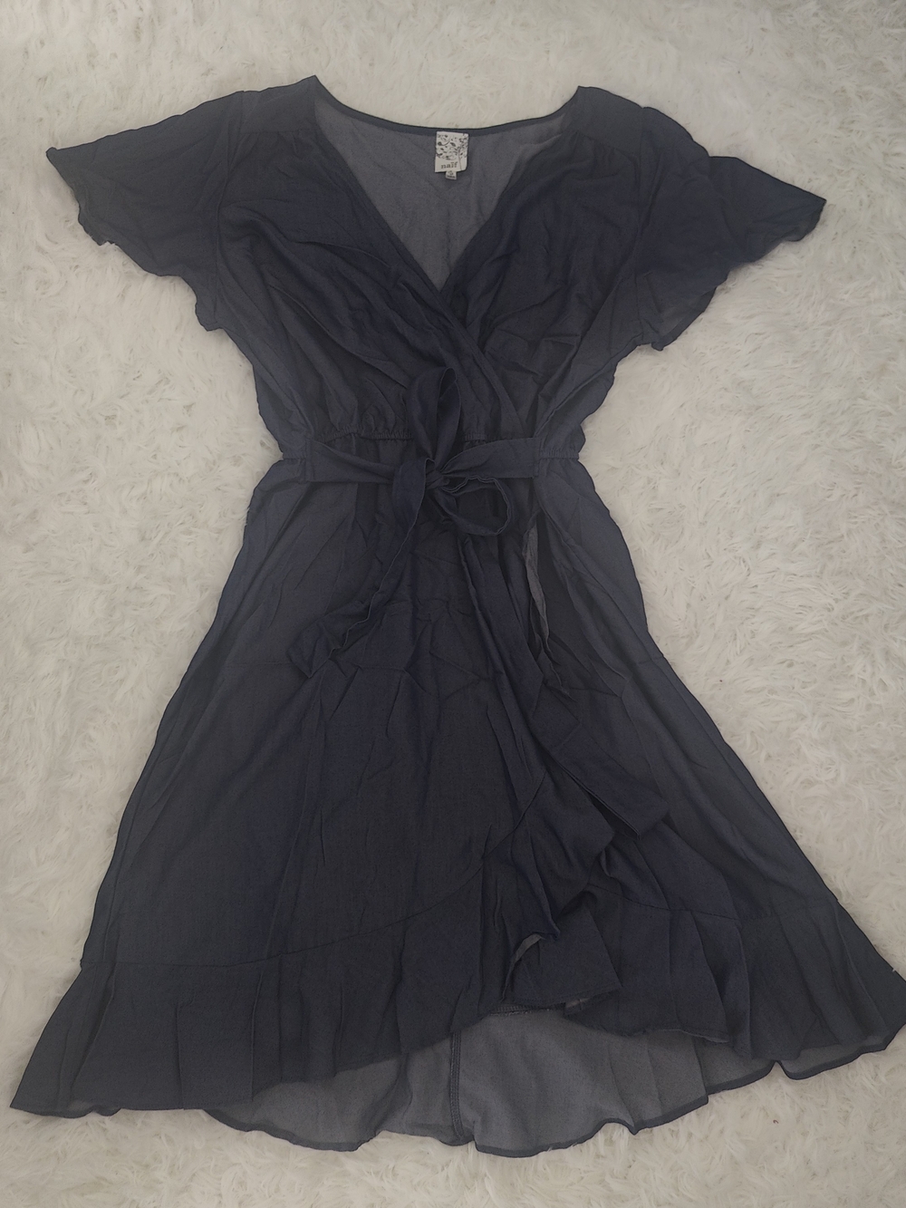NAIF Navy Denim Wrap Midi Dress with Tie Waist